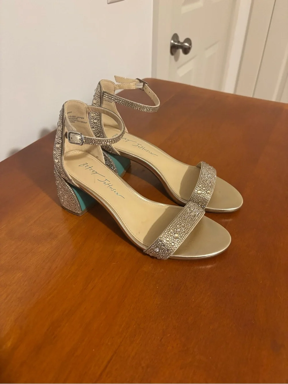 Betsey Johnson Champagne Gold Crystal Block Heel Sandals